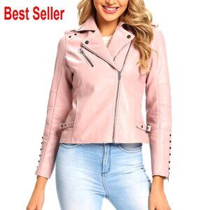 Faux Leather Moto Jacket with Rivets, Double Zip, Regular & Plus Size